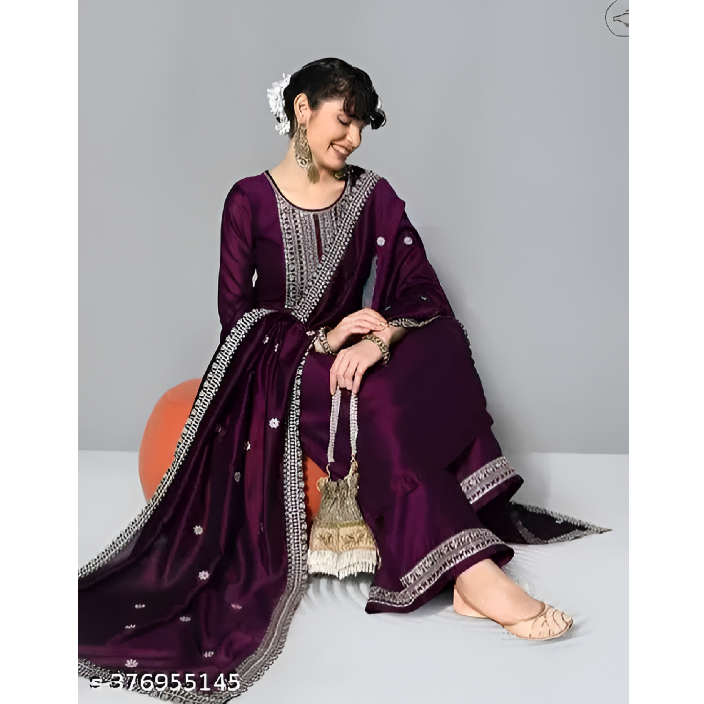 Purple Embroidered Vichitra Slik Straight Kurta Pant Dupatta Set