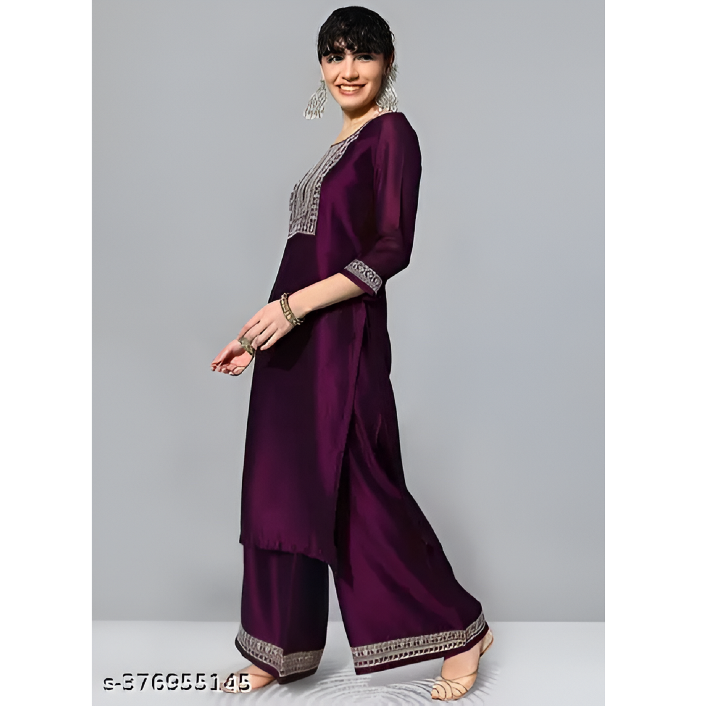 Purple Embroidered Vichitra Slik Straight Kurta Pant Dupatta Set