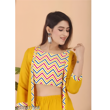 Yellow Printed Rayon Jacket Kurta Palazzos Set For Women