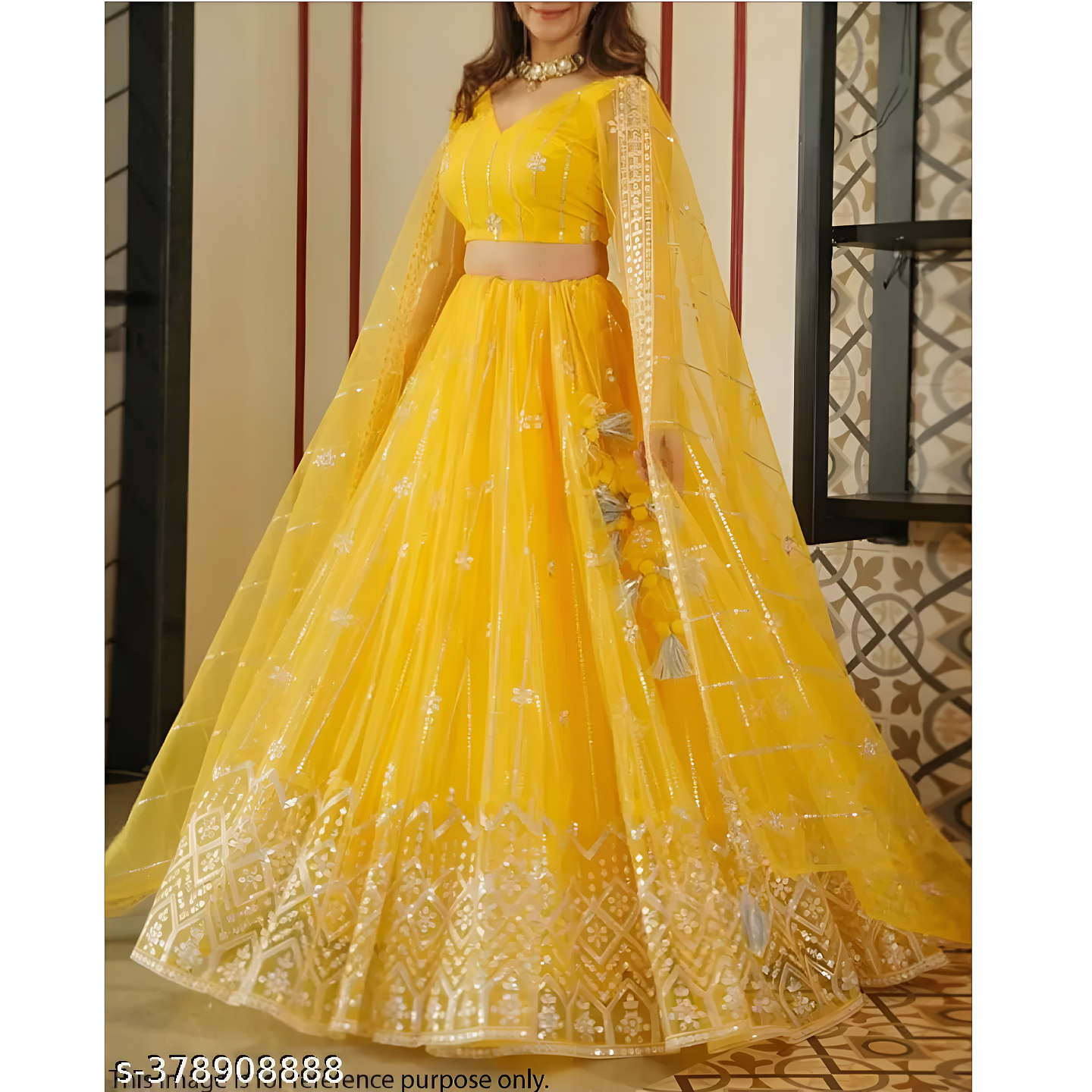 Yellow Mirror Work Net Lehenga Choli