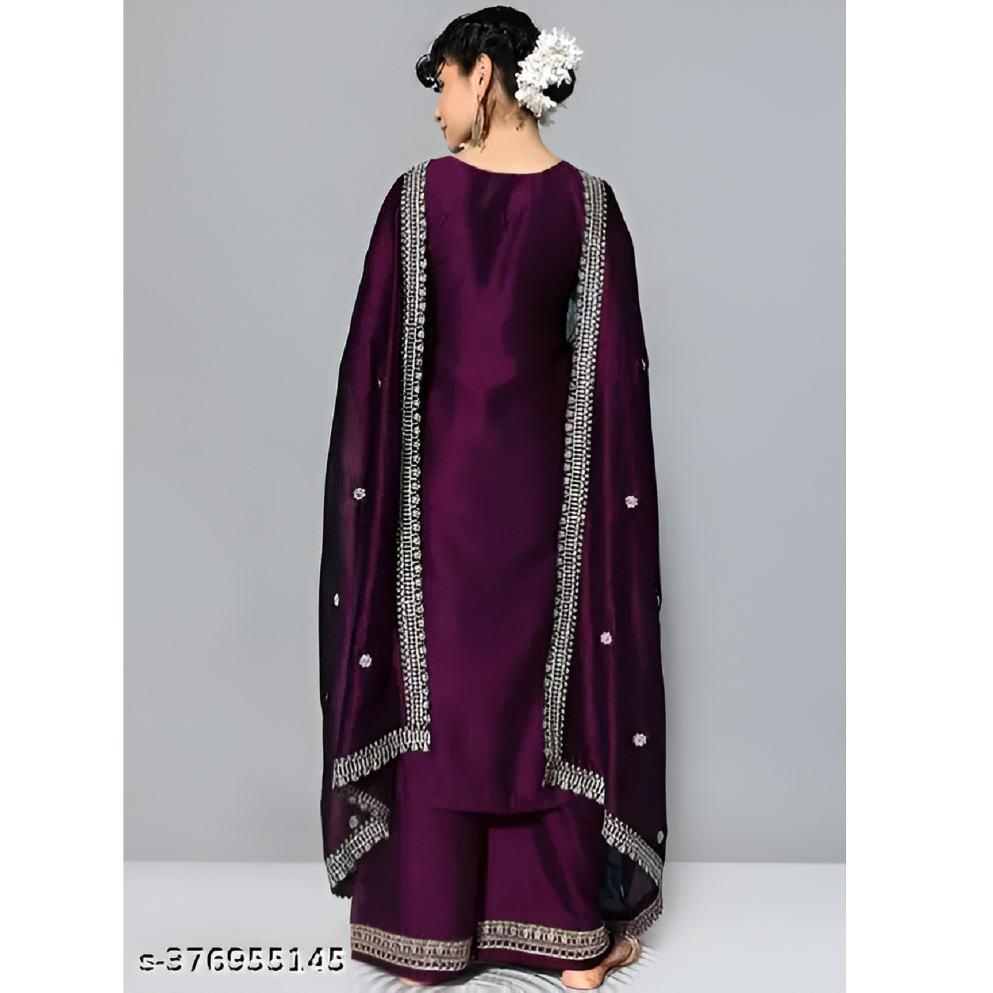 Purple Embroidered Vichitra Slik Straight Kurta Pant Dupatta Set