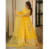 Yellow Mirror Work Net Lehenga Choli