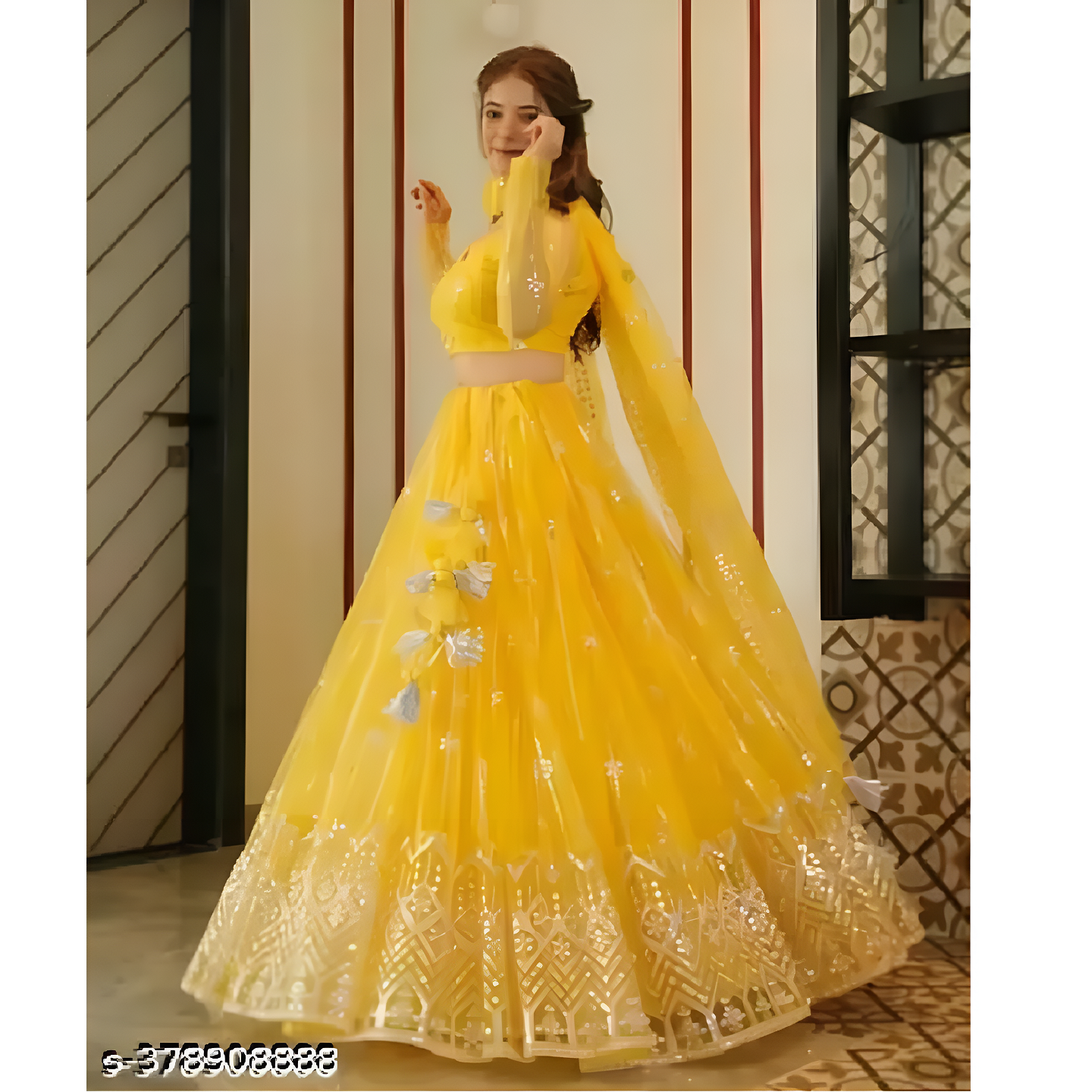 Yellow Mirror Work Net Lehenga Choli