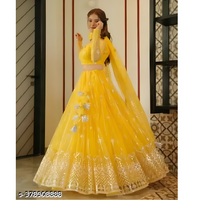 Yellow Mirror Work Net Lehenga Choli