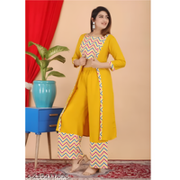 Yellow Printed Rayon Jacket Kurta Palazzos Set For Women