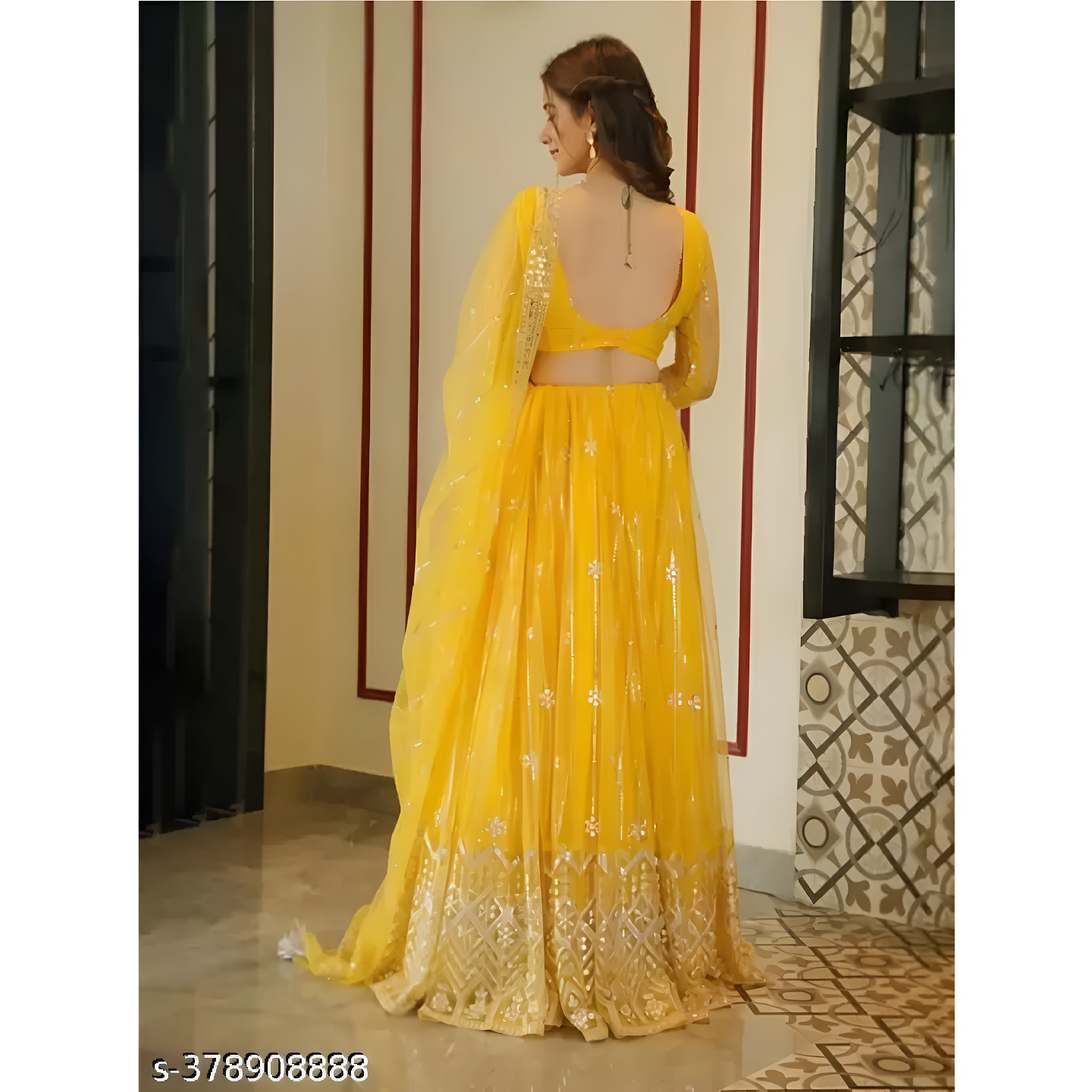 Yellow Mirror Work Net Lehenga Choli